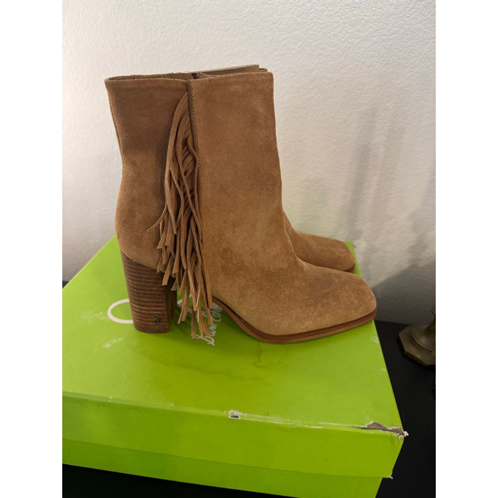 Women's Sam Edelman Ona‎ Ankle Boots & Booties 7.5 Camel Suede Fringe NIB - Picture 6 of 10